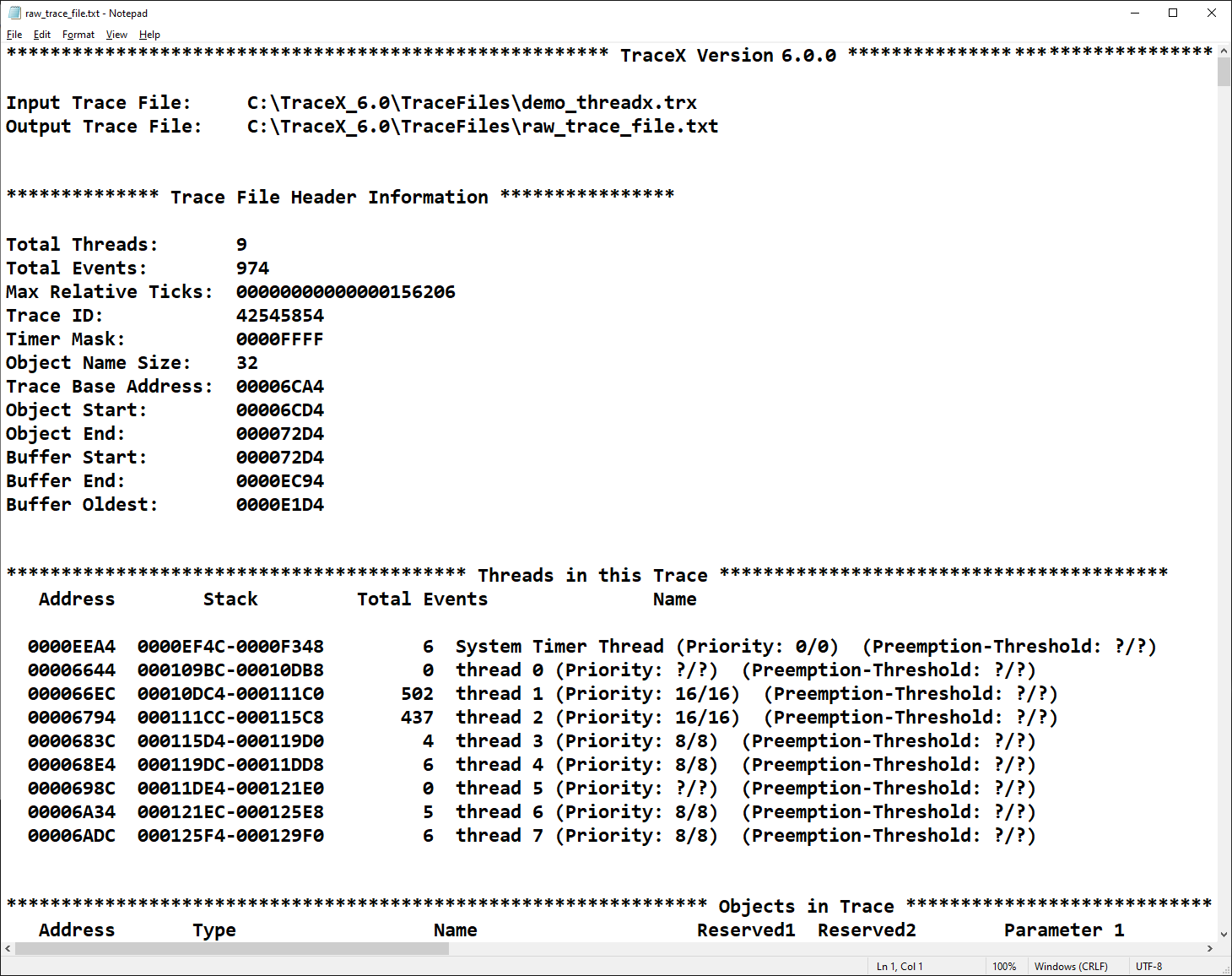 Screenshot of the raw trace dump.