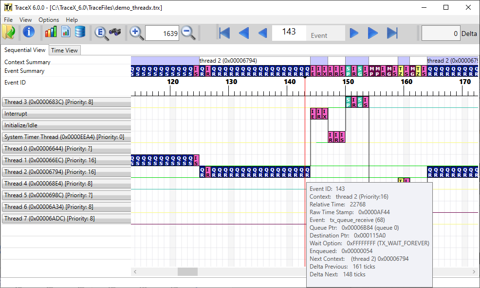 Screenshot of the mouse-over of event 143 in a sample trace file